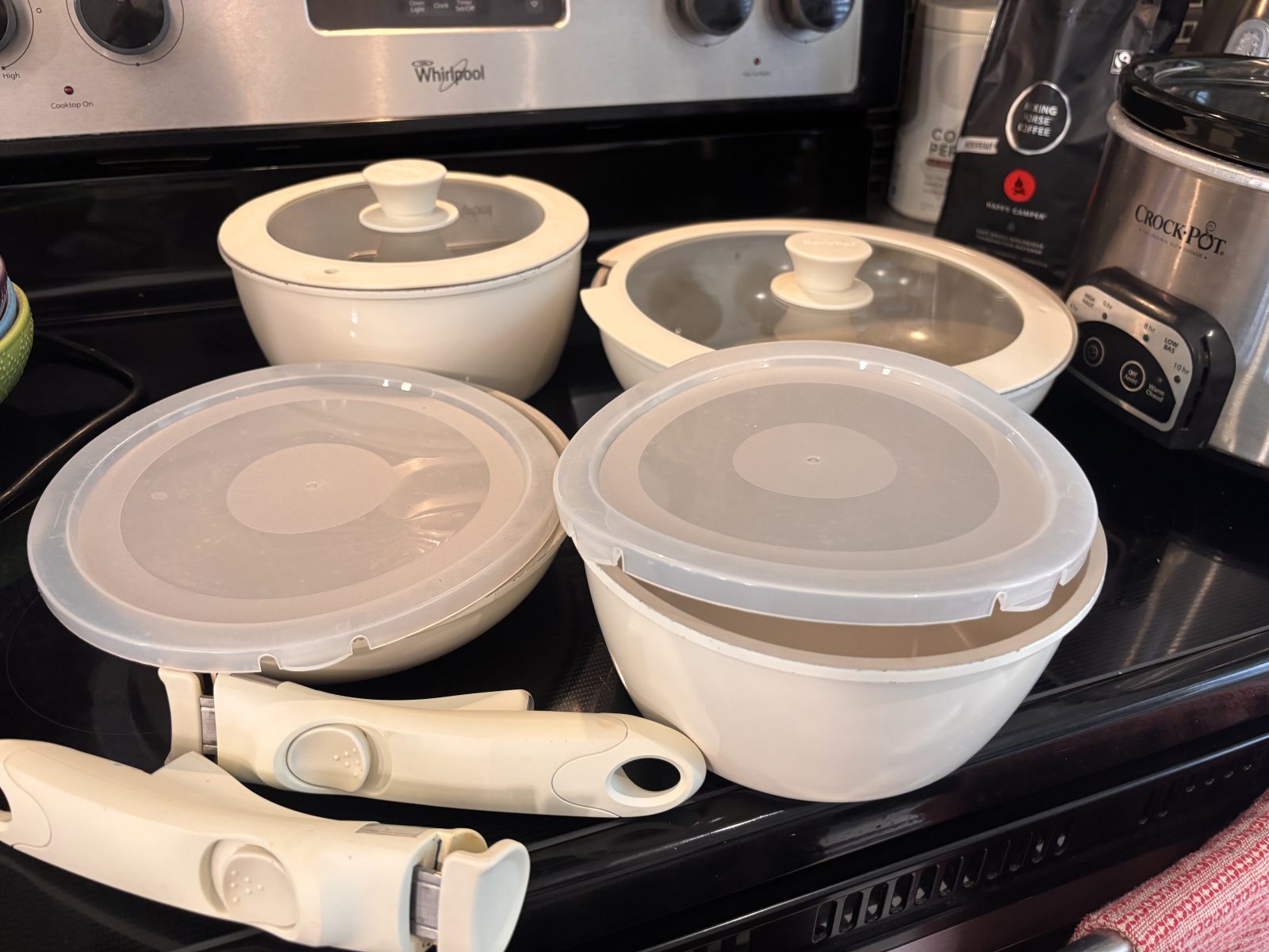 Red chef pots and pans with 2 lids